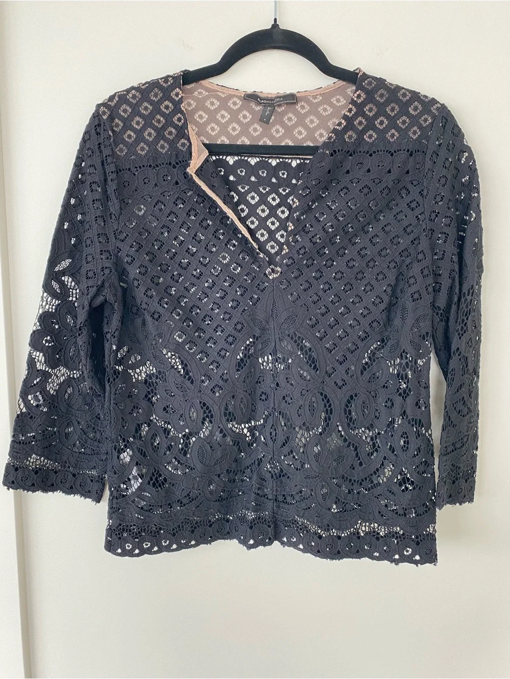 BCBGMaxAzria Black Crochet Lace V-Neck Blouse